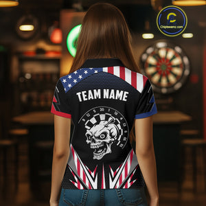 Personalized Patriotic Skull Darts Shirt For Women Custom American Flag Darts Jersey Polo & 1/4 Zip TDM4463