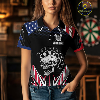 Personalized Patriotic Skull Darts Shirt For Women Custom American Flag Darts Jersey Polo & 1/4 Zip TDM4463