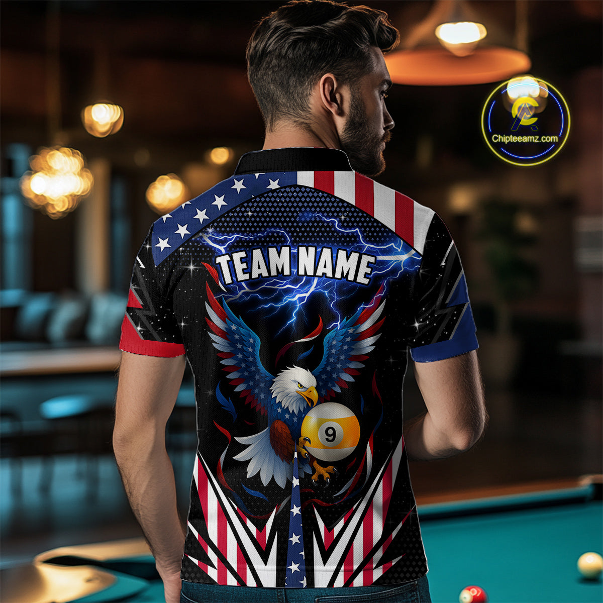American Flag Eagle 9 Ball Pool Lightning Billiard Shirt For Men Custom Patriotic Billiard Jersey TDM4705