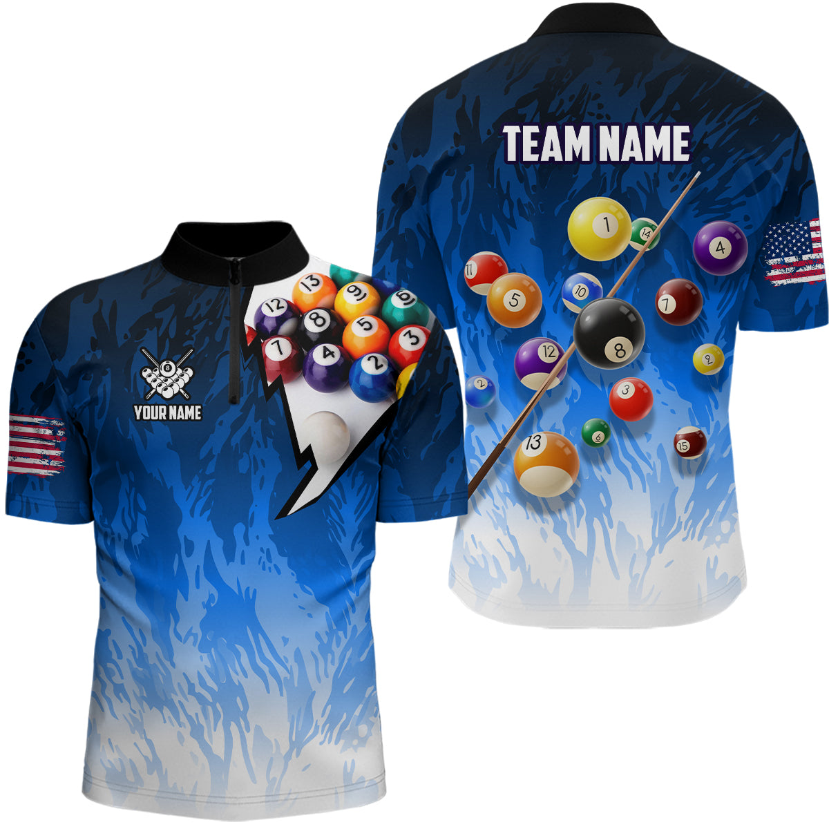 Personalized Blue Pool Player Billiard 8 Ball Polo & 1/4 Zip For Men Custom Billiard Shirts Jerseys TDM3656