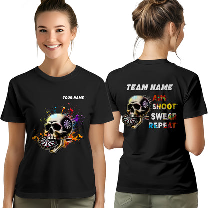 Aim Shoot Swear Repeat Colorful Skull Black Dart T-Shirts Custom Funny Dart Shirts For Darts Player TDM3946