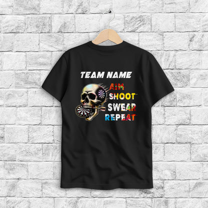 Aim Shoot Swear Repeat Colorful Skull Black Dart T-Shirts Custom Funny Dart Shirts For Darts Player TDM3946