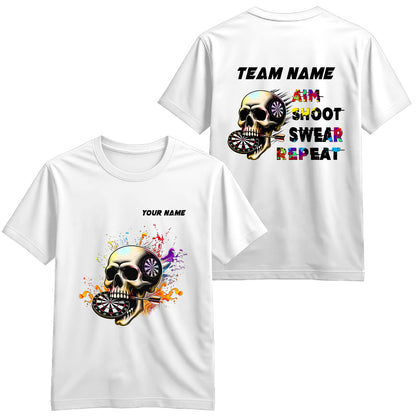 Aim Shoot Swear Repeat Colorful Skull White Dart T-Shirts Custom Funny Dart Shirts For Darts Player TDM3946