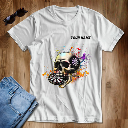 Aim Shoot Swear Repeat Colorful Skull White Dart T-Shirts Custom Funny Dart Shirts For Darts Player TDM3946