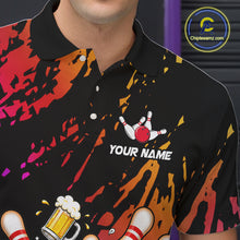 Load image into Gallery viewer, Close up of blue and red drunk bowling balls and pins bowling polo shirt collar, buttons and chest design.