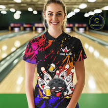 Load image into Gallery viewer, Woman wearing blue and red drunk bowling balls and pins bowling quarter zip shirt front view.