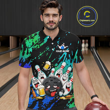 Load image into Gallery viewer, Man wearing blue and turquoise drunk bowling balls bowling polo shirt front view.