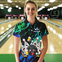 Load image into Gallery viewer, Woman wearing blue and turquoise drunk bowling balls bowling polo shirt front view.