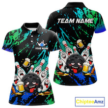 Load image into Gallery viewer, Blue and turquoise drunk bowling balls bowling polo shirt for women, funny beer bowling team jersey.