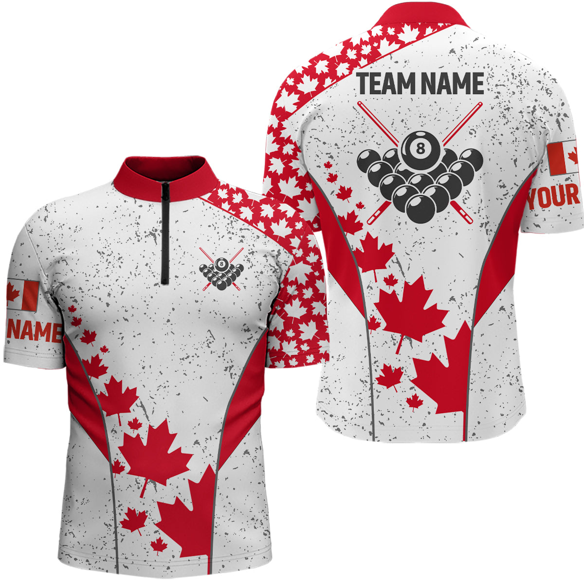 Personalized Grunge Canadian Flag Billiard Men Quarter-Zip Shirts, 8 Ball Billiard Jerseys TDM0669