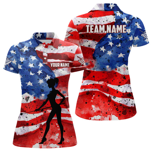 Personalized USA Flag Billiard Player Women Polo Shirts, Patriotic American Flag Billiard Shirts TDM1035
