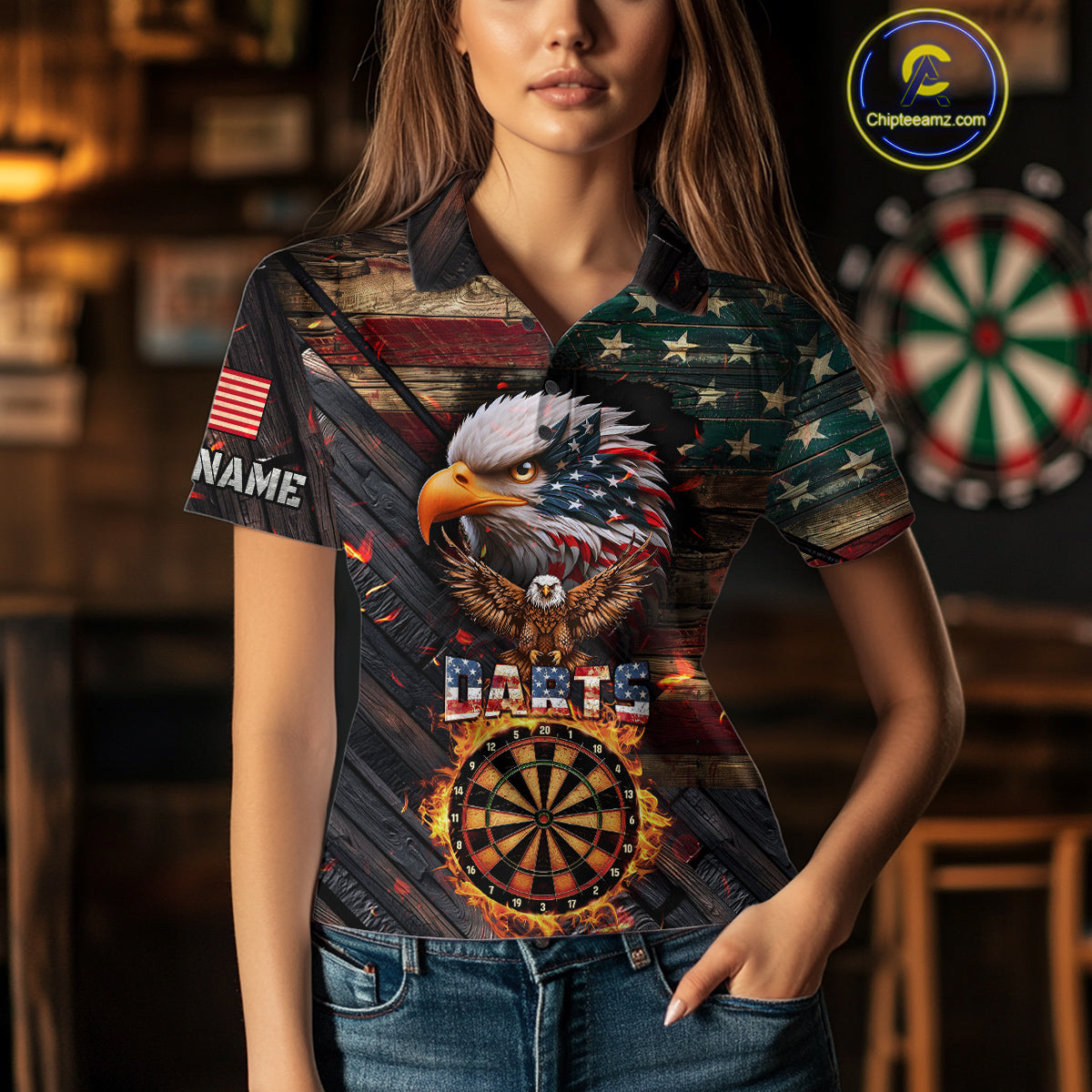 American Flag 3D Dartboard Fire Flame Custom Eagle Darts Shirt For Women, Patriotic Dart Team Jersey TDM4717