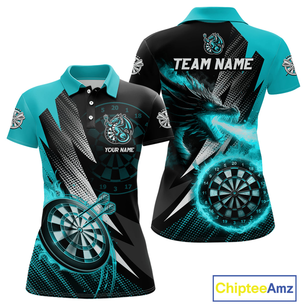 Personalized Strike Black & Turquoise Flaming Dragon Dart Shirts For Women Custom Dart Team Jersey TDM4300