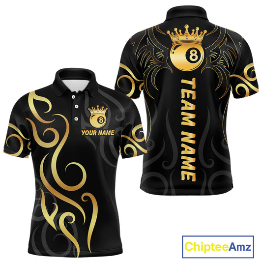Black And Gold 8 Ball Crown Tribal Billiard Shirt For Men Custom Pool Jersey Billiard Team Shirt TDM4724