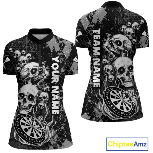 Black Grey Grunge Argyle Skull Dart Shirts Custom Women's Dart Jerseys Team Polo & Quarter Zip TDM3836
