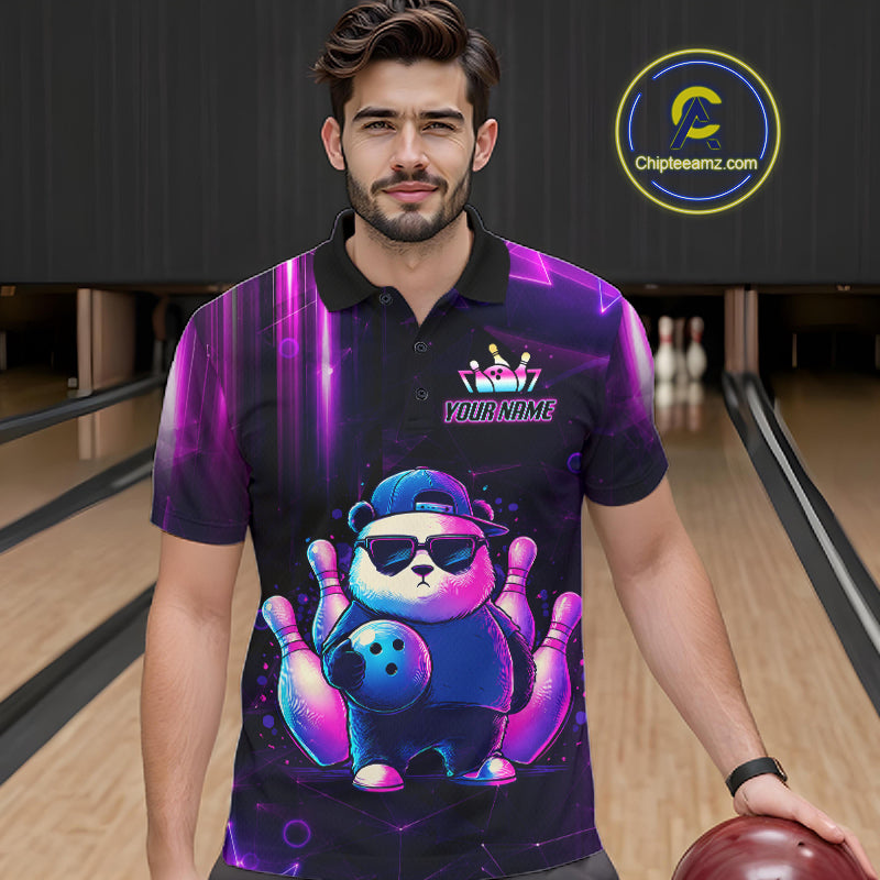 Man wearing a neon panda bowling polo shirt at a bowling alley front view.
