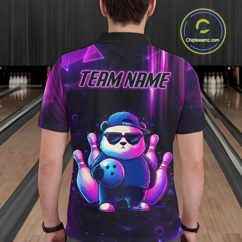 Back view of man wearing a neon panda bowling polo shirt inside a bowling alley.