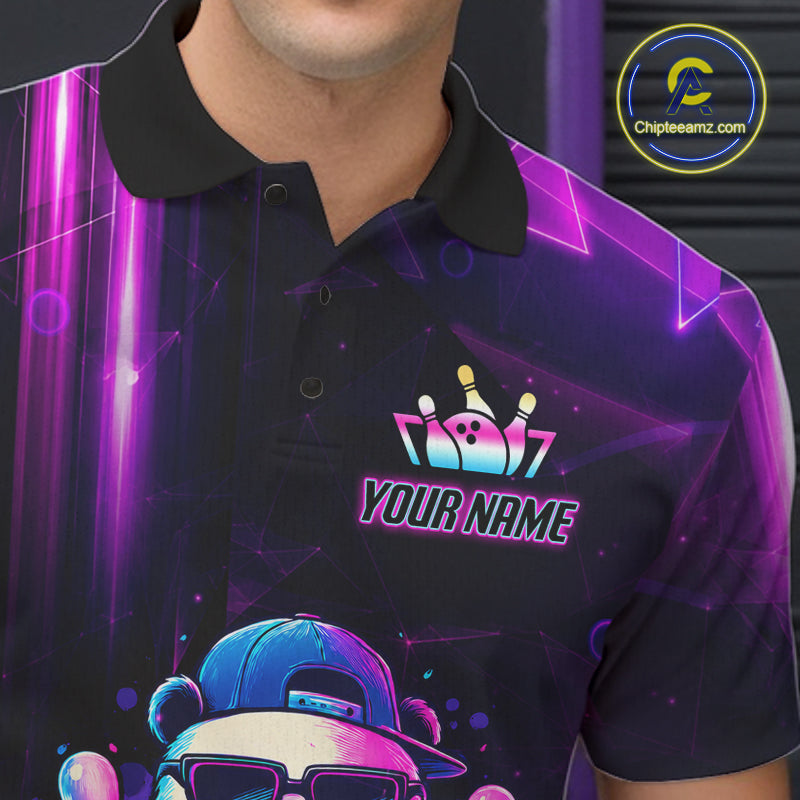 Close-up of a neon panda bowling polo shirt collar, buttons, and colorful panda artwork.