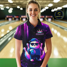Load image into Gallery viewer, Woman wearing a neon panda bowling polo shirt at a bowling alley front view.