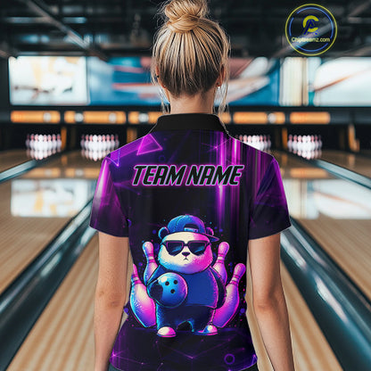 Woman wearing a neon panda bowling quarter zip jersey during bowling league play front view.