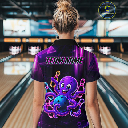 Back view of woman wearing a neon octopus bowling polo shirt inside a bowling alley.
