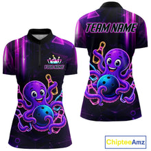 Load image into Gallery viewer, Colorful neon octopus bowling quarter zip shirt for women built for league tournaments and team events.
