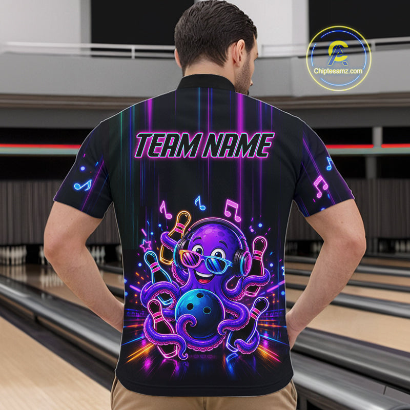 Back view of man wearing a neon octopus music bowling quarter zip shirt in a bowling alley.