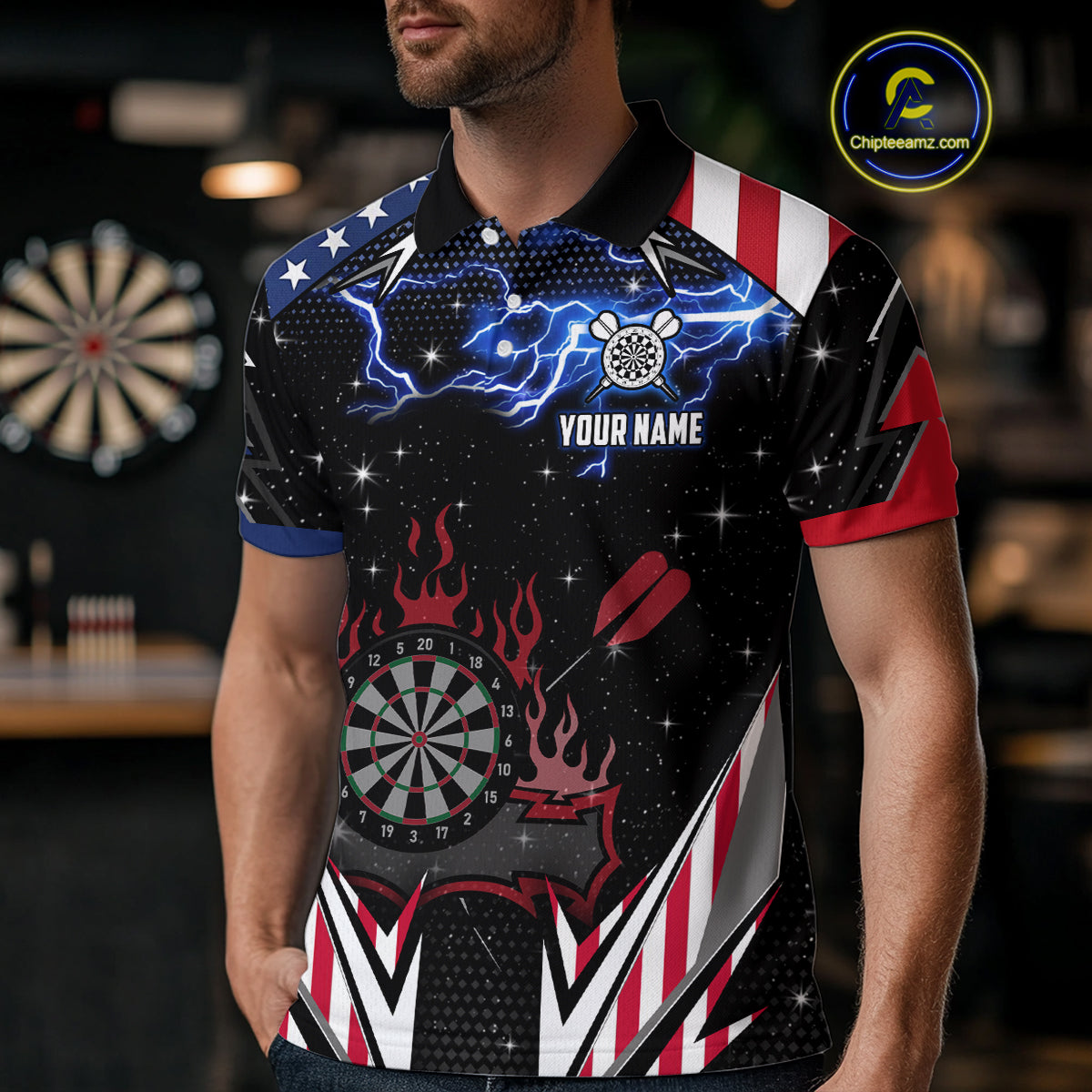 Personalized Thunder Lightning American Flag Darts Shirt For Men, Patriotic Darts League Jersey TDM4504