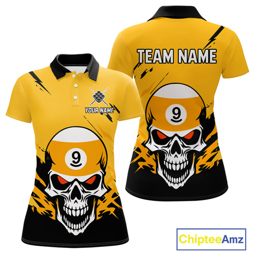 Personalized Yellow Black 9 Ball Skull Billiard Jersey For Women Custom Funny 9 Ball Pool Team Shirt TDM4732