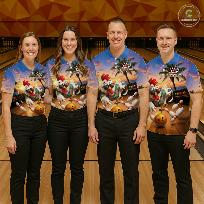 Funny Tropical Rooster Chicken Bowling Shirt For Men Custom Vintage Bowling Jersey Polo & 1/4 Zip TDM6475