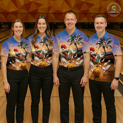 Funny Tropical Rooster Chicken Bowling Shirt For Men Custom Vintage Bowling Jersey Polo & 1/4 Zip TDM6475