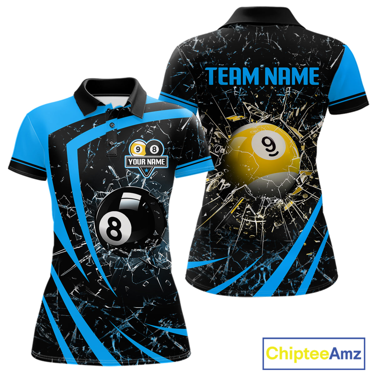 Black And Blue 8 Ball & 9 Ball Glass Break Billiard Shirt For Women Custom Pool Team Jersey Uniform TDM5641