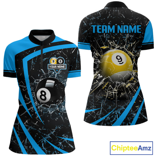 Black And Blue 8 Ball & 9 Ball Glass Break Billiard Shirt For Women Custom Pool Team Jersey Uniform TDM5641