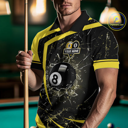 Black And Yellow 8 Ball & 9 Ball Glass Break Billiard Shirt For Men Custom Pool Team Jersey TDM5643