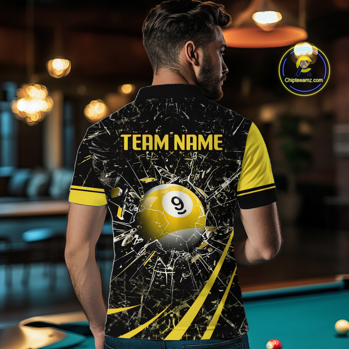 Black And Yellow 8 Ball & 9 Ball Glass Break Billiard Shirt For Men Custom Pool Team Jersey TDM5643