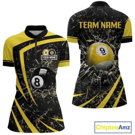 Black And Yellow 8 Ball & 9 Ball Glass Break Billiard Shirt For Women Custom Pool Team Jersey TDM5643