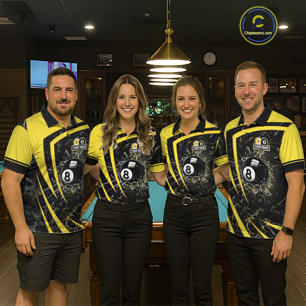 Black And Yellow 8 Ball & 9 Ball Glass Break Billiard Shirt For Men Custom Pool Team Jersey TDM5643