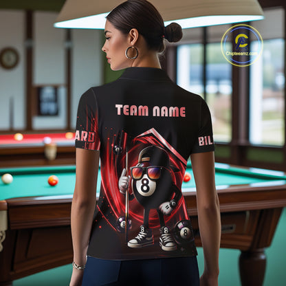 Red Funny 8 Ball Billiard Shirt For Women Custom Pool Team Shirt, Billiard Jersey Polo & 1/4 Zip TDM5645