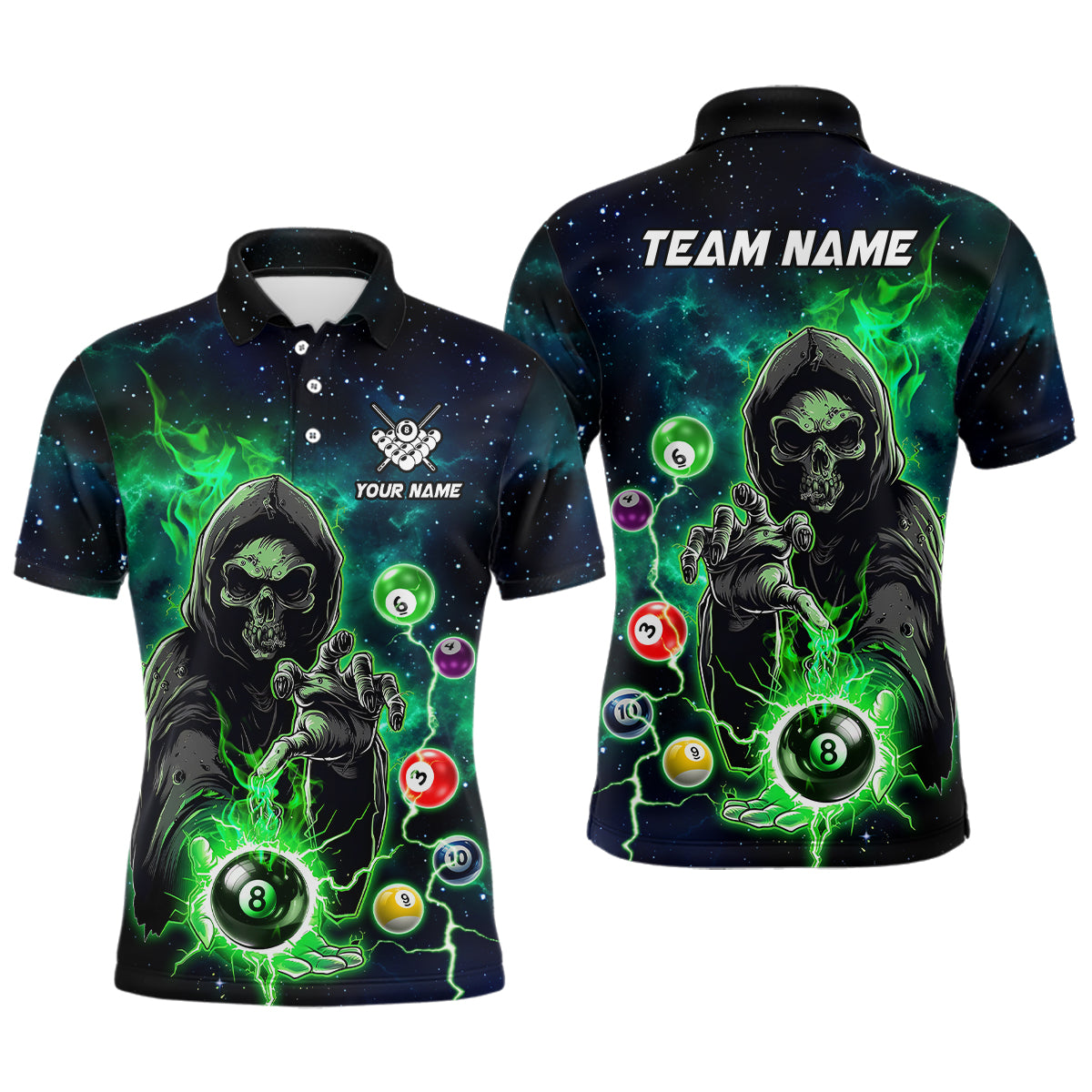 Green Billiard Grim Reaper Men Polo & Quarter-Zip Shirts Customized Team League Billiard Jerseys TDM1752