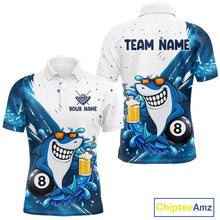 Load image into Gallery viewer, Blue and white funny shark 8 ball pool billiard team jersey polo shirt for men, custom pool league apparel and tournament jersey.