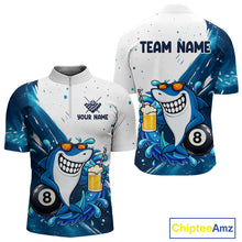 Load image into Gallery viewer, Blue and white funny shark 8 ball pool billiard quarter zip shirt for men, personalized billiard team jersey.