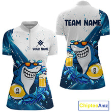 Load image into Gallery viewer, Blue and white funny shark 9 ball pool billiard quarter zip shirt for women, personalized billiard team jersey.