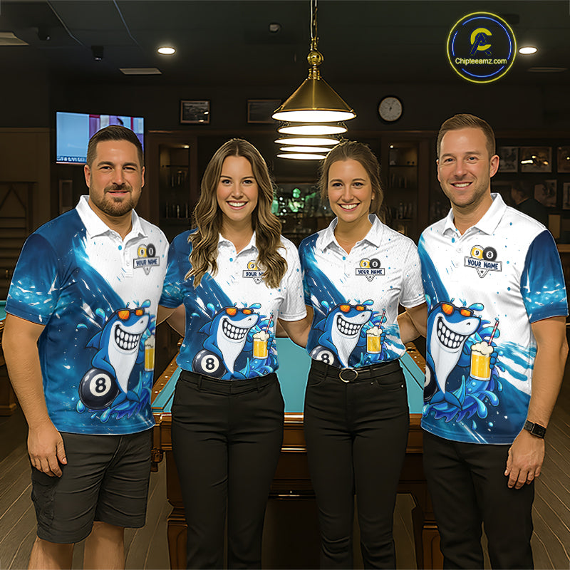 Billiard team wearing matching blue funny shark 8 ball and 9 ball pool jerseys front view.