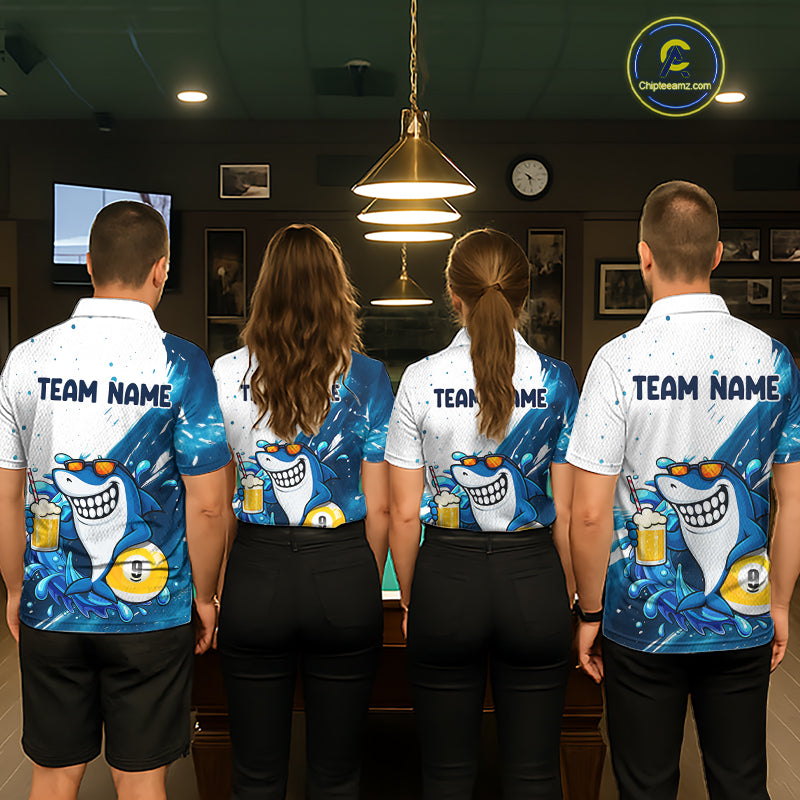 Billiard team wearing matching blue funny shark 8 ball and 9 ball pool jerseys back view.
