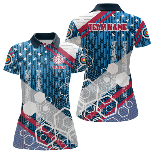 Personalized USA Flag Archery Polo Shirts For Women Custom Patriotic Archery Shirts Gifts TDM0510