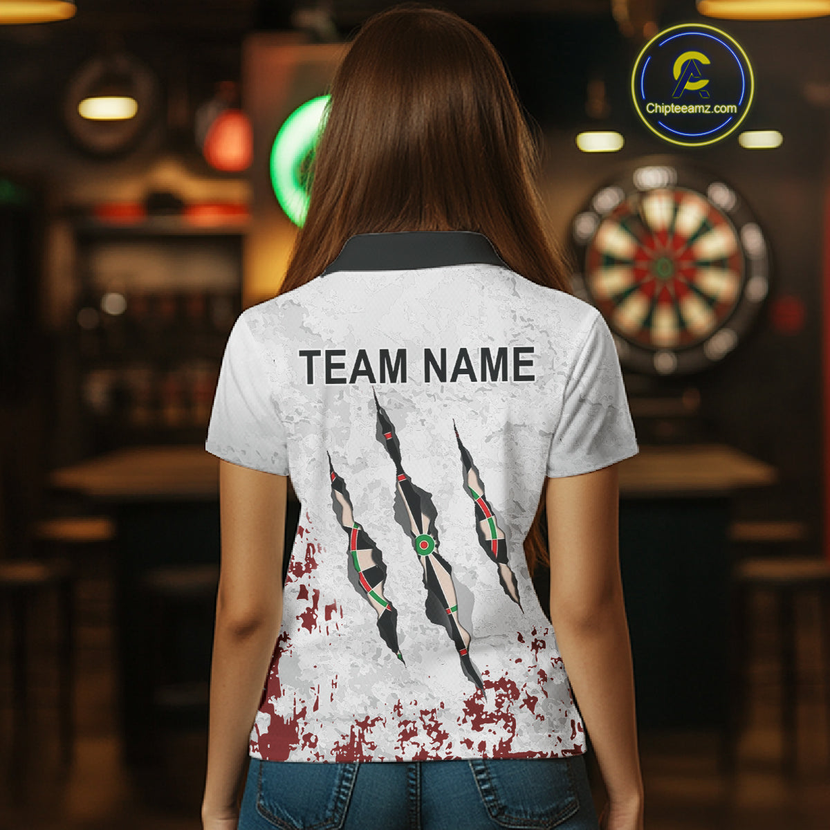 Custom White Red Grunge Dart Shirt With Pocket Option For Women, Darts Jersey TDM4529