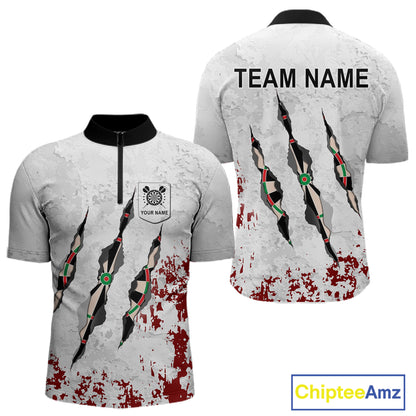 Custom White Red Grunge Dart Shirt With Pocket Option For Men, Darts Jersey TDM4529