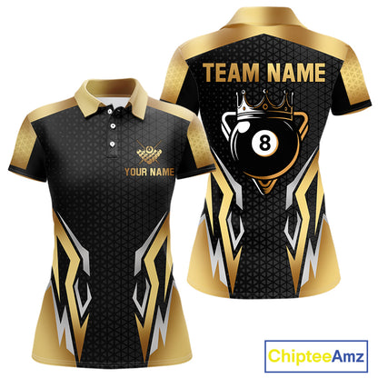 Black And Golden 8 Ball Pool Crown Billiard Shirt For Women Custom Billiard Jersey Polo & 1/4 Zip TDM4321