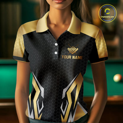 Black And Golden 8 Ball Pool Crown Billiard Shirt For Women Custom Billiard Jersey Polo & 1/4 Zip TDM4321