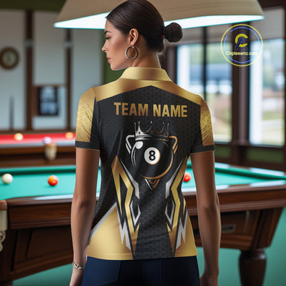 Black And Golden 8 Ball Pool Crown Billiard Shirt For Women Custom Billiard Jersey Polo & 1/4 Zip TDM4321